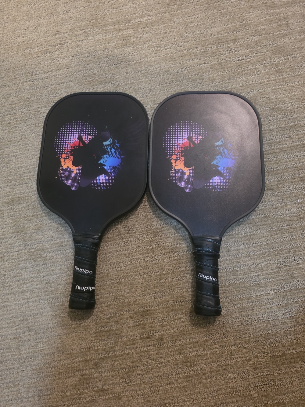 Niupupo Black Pickleball Paddle Pair with Color Splash Design